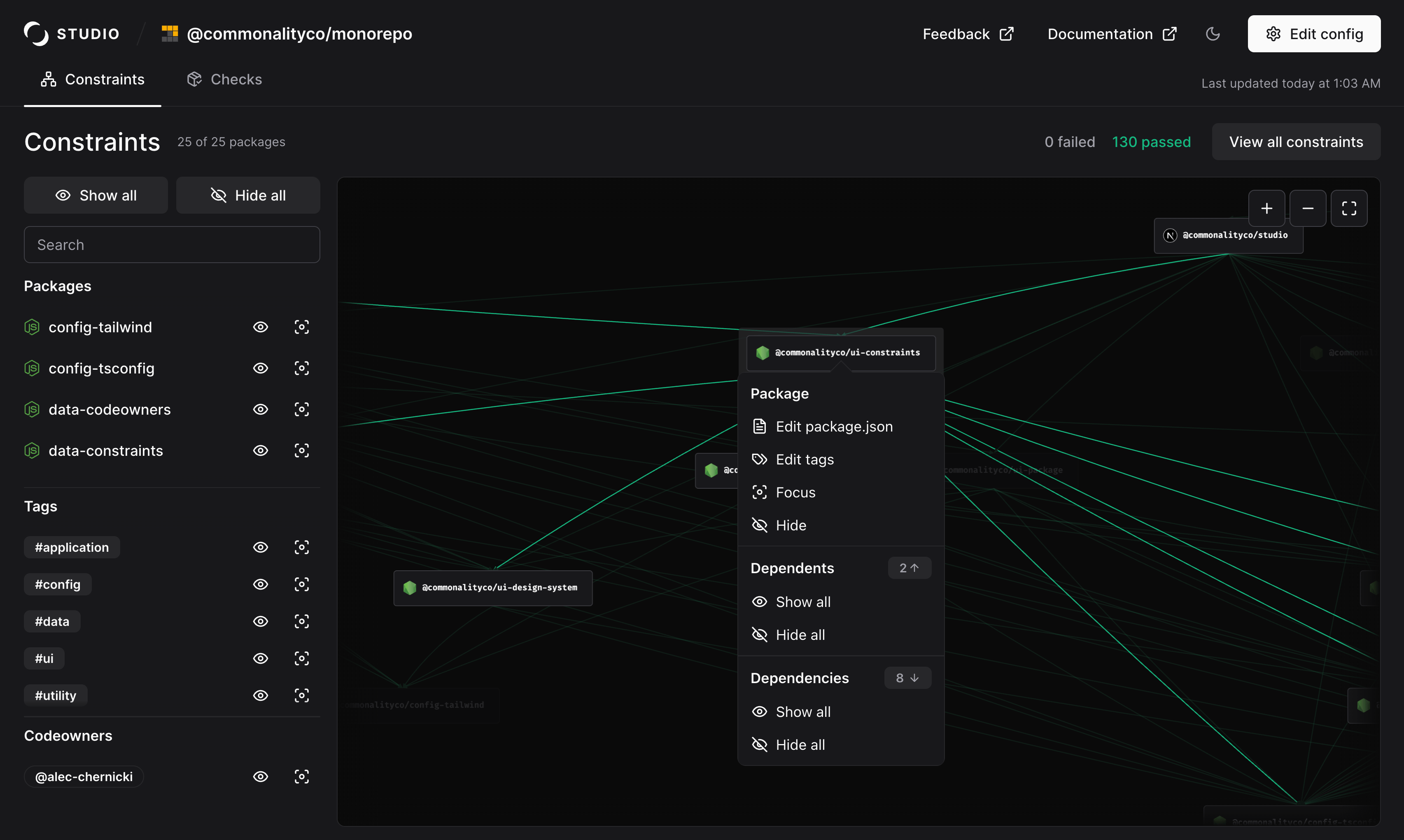 A visualization of a dependency graph within Commonality Studio